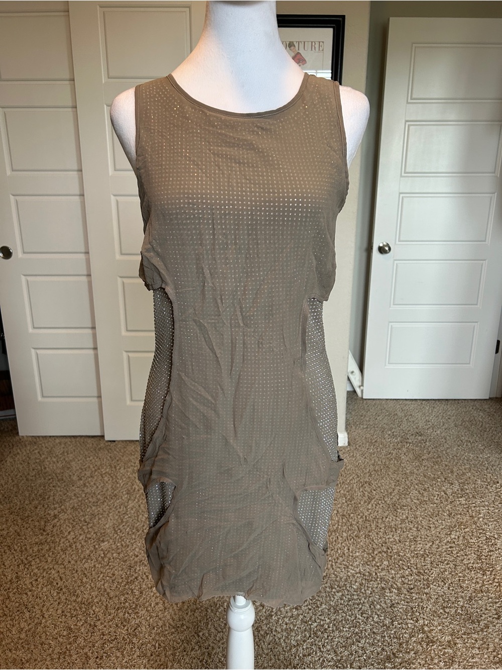 SHERI BODELL Sleeveless Silk Rhinestone Mesh Cutout Mini Dress Festival | Small